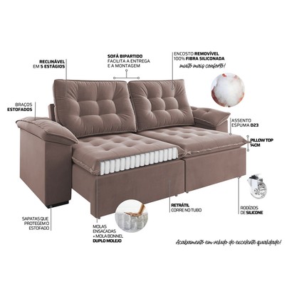 Sofá 4 Lugares Mozart Retrátil e Reclinável Rosa - Vian