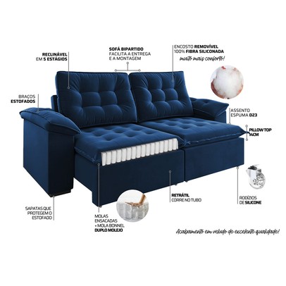 Sofá 4 Lugares Mozart Retrátil e Reclinável Azul - Vian