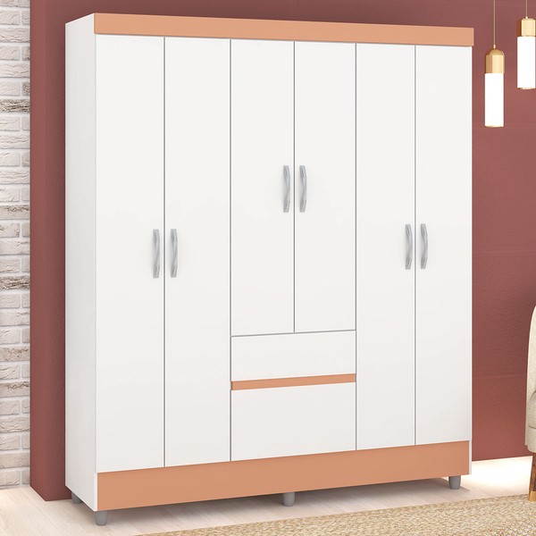 Guarda-Roupa Casal San Diego 6 Portas 2 Gavetas Branco/Camarim - Pnr Móveis