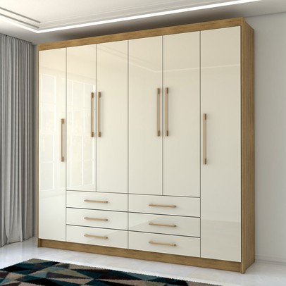 Guarda-Roupa Casal Ele e Ela 6 Portas 6 Gavetas 100% Mdf Nature/Champanhe - Pnr Móveis