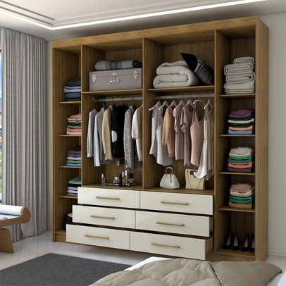 Guarda-Roupa Casal Ele e Ela 6 Portas 6 Gavetas 100% Mdf Nature/Champanhe - Pnr Móveis