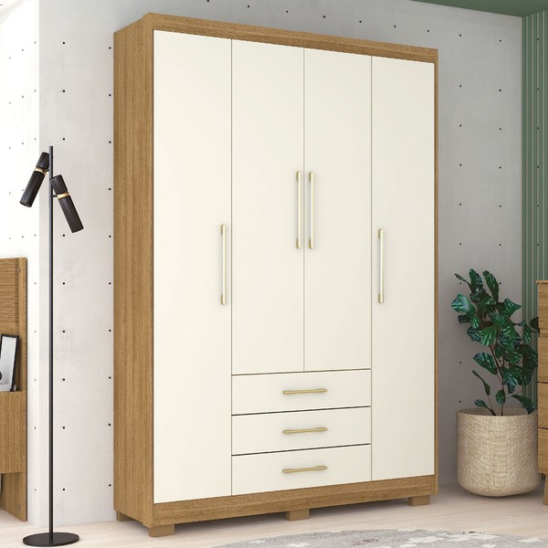 Guarda-Roupa Solteiro Oregon 4 Portas 3 Gavetas Nature/Champanhe - Pnr Móveis