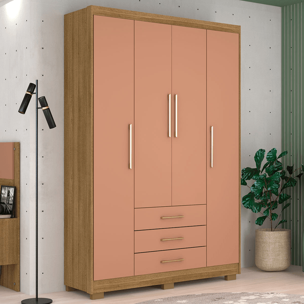 Guarda-Roupa Solteiro Oregon 4 Portas 3 Gavetas Nature/Camarim - Pnr Móveis