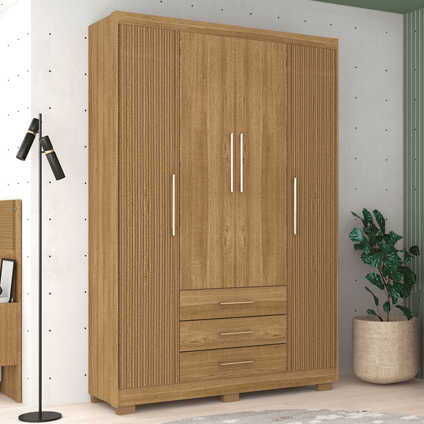 Guarda-Roupa Solteiro Oregon 4 Portas 3 Gavetas Nature/Brisa - Pnr Móveis