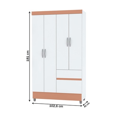 Guarda-Roupa Solteiro San Diego 4 Portas 2 Gavetas Branco/Camarim - Pnr Móveis