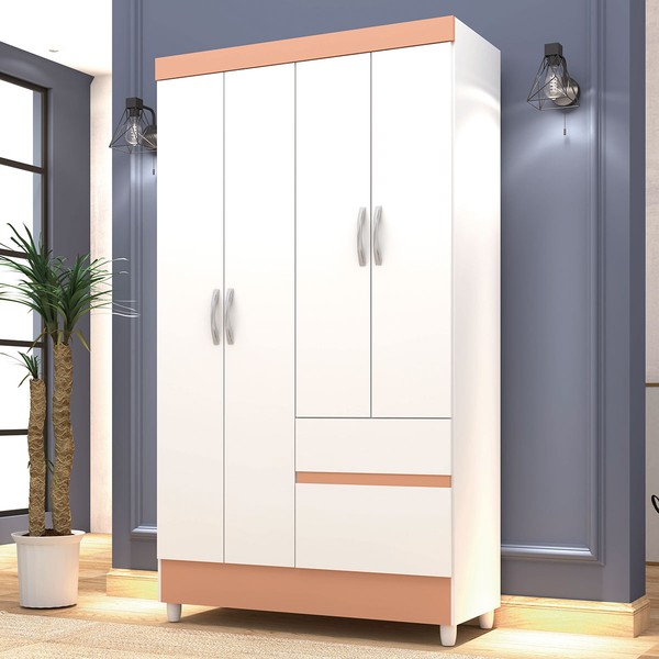 Guarda-Roupa Solteiro San Diego 4 Portas 2 Gavetas Branco/Camarim - Pnr Móveis