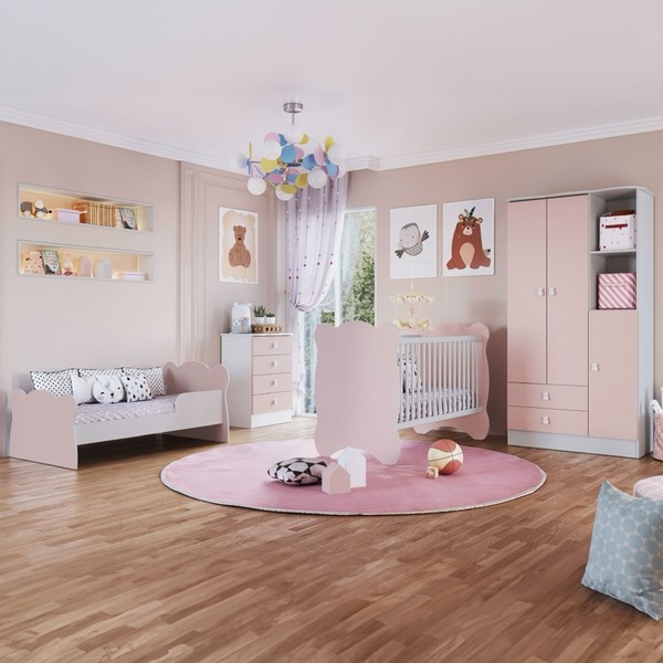 Quarto de Bebê Completo Bambino 3 Portas 6 Gavetas Rosa - Percasa