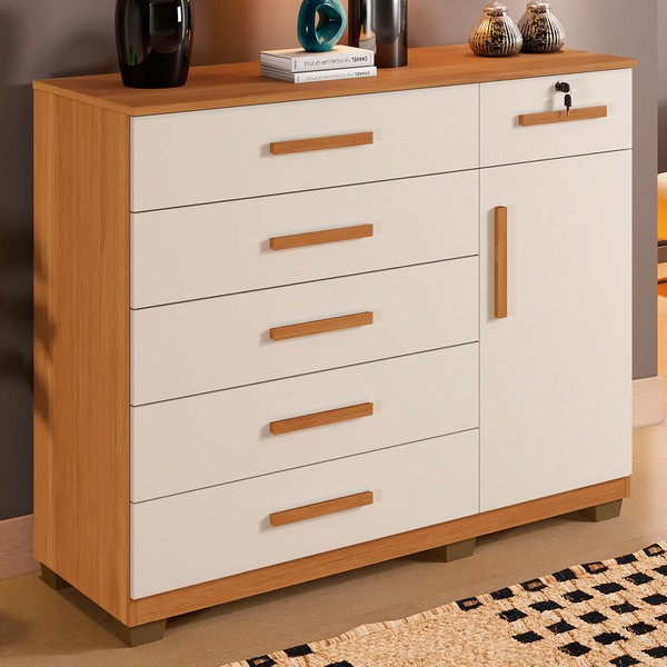 Cômoda Mila 1 Porta 6 Gavetas Cinamomo/Off White - Pnr Móveis