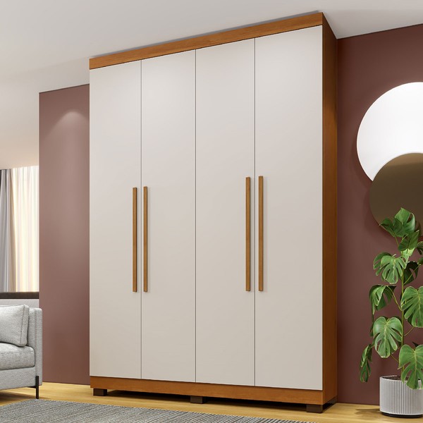 Guarda-Roupa Casal Bari 4 Portas 3 Gavetas Cinamomo/Off White - Pnr Móveis