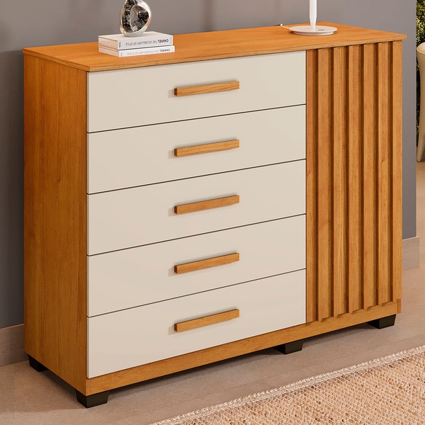 Cômoda França 1 Porta 5 Gavetas Cinamomo/Off White - Pnr Móveis