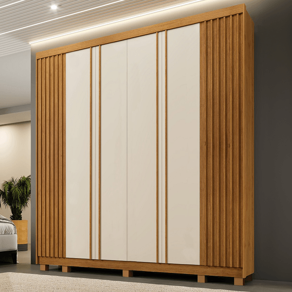 Guarda-Roupa Casal Monte Rei 6 Portas 6 Gavetas Ripado Cinamomo/Off White - Pnr Móveis