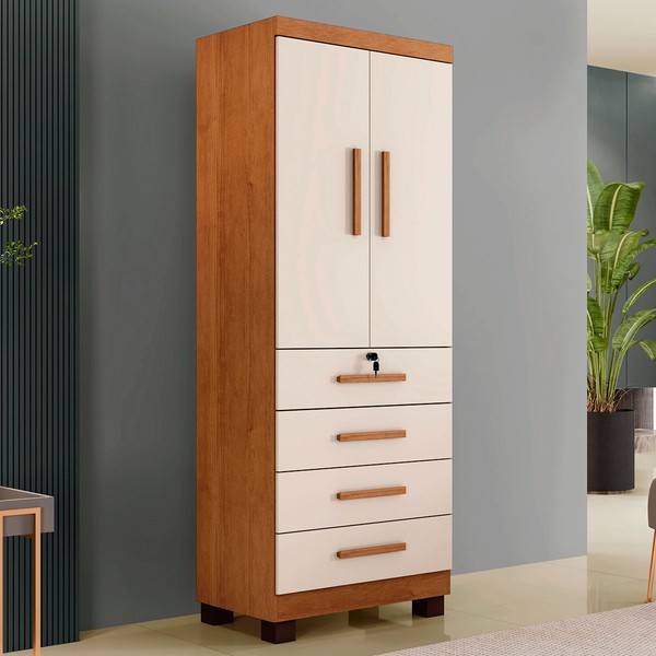 Guarda-Roupa Solteiro Gales 2 Portas 4 Gavetas com Chave Cinamomo/Off White - Pnr Móveis
