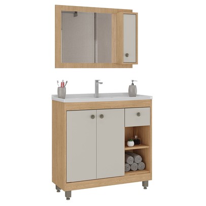 Armário de Banheiro Viena 77 Cm 3 Portas 1 Gaveta com Espelho Carvalho Nature/Arenas- Ozini Móveis