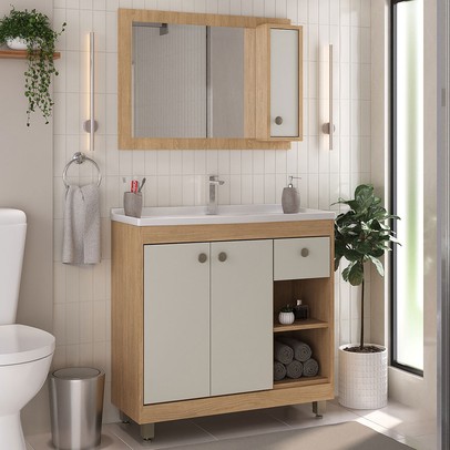 Armário de Banheiro Viena 77 Cm 3 Portas 1 Gaveta com Espelho Carvalho Nature/Arenas- Ozini Móveis