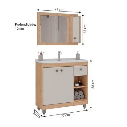 Armário de Banheiro Viena 77 Cm 3 Portas 1 Gaveta com Espelho Carvalho Nature/Arenas- Ozini Móveis