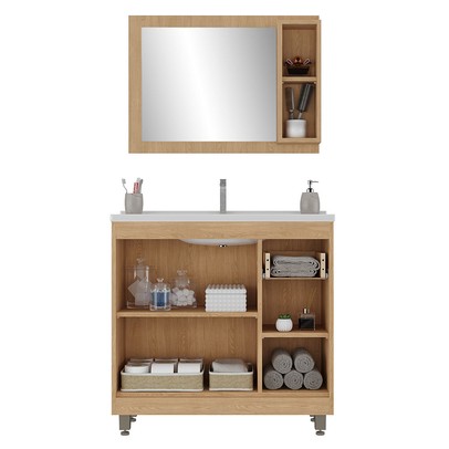 Armário de Banheiro 3 Portas 1 Gaveta com Espelho Carvalho Nature/Arenas - Ozini Móveis