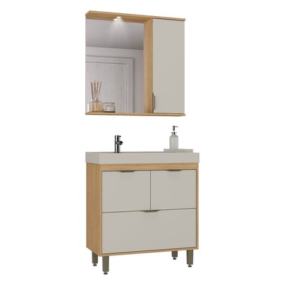 Armário de Banheiro Malibu 3 Portas 1 Gaveta com Espelho Carvalho Nature/Arenas - Ozini Móveis