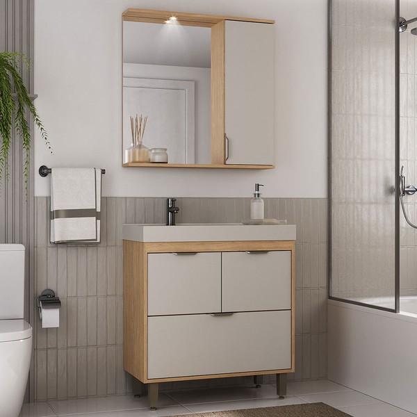 Armário de Banheiro Malibu 3 Portas 1 Gaveta com Espelho Carvalho Nature/Arenas - Ozini Móveis