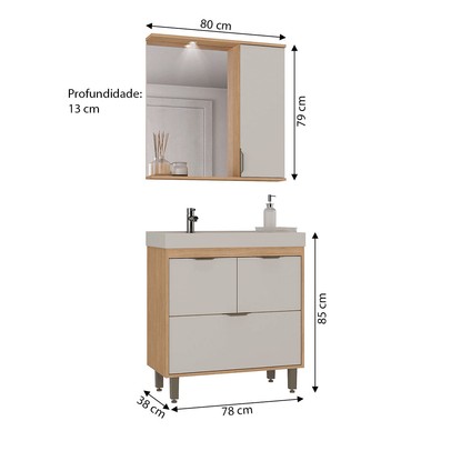 Armário de Banheiro Malibu 3 Portas 1 Gaveta com Espelho Carvalho Nature/Arenas - Ozini Móveis