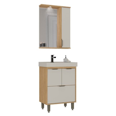 Armário de Banheiro Malibu 60 Cm 3 Portas 1 Gaveta com Espelho Carvalho Nature/Arenas - Ozini Móveis