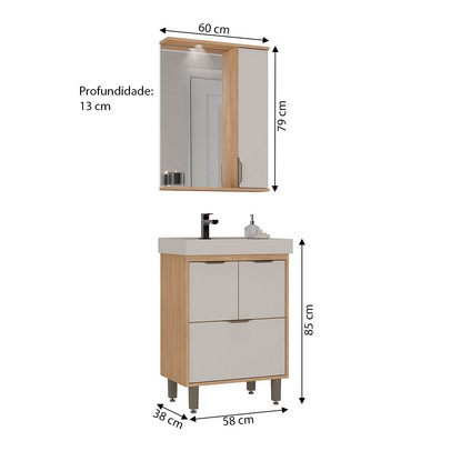 Armário de Banheiro Malibu 60 Cm 3 Portas 1 Gaveta com Espelho Carvalho Nature/Arenas - Ozini Móveis