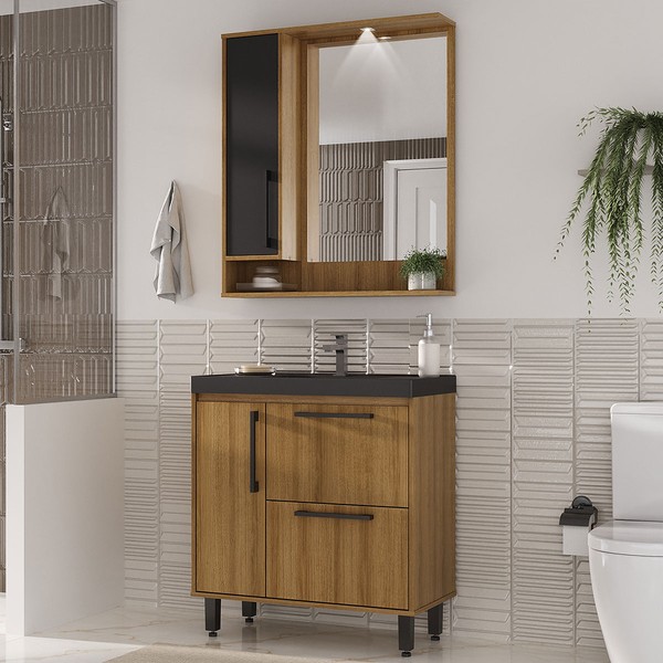 Armário de Banheiro 3 Portas 1 Gaveta Mel/Preto - Ozini Móveis