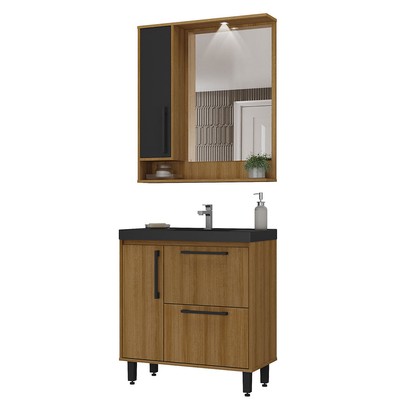 Armário de Banheiro 3 Portas 1 Gaveta Mel/Preto - Ozini Móveis