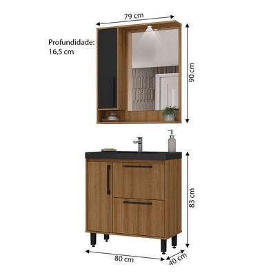 Armário de Banheiro 3 Portas 1 Gaveta Mel/Preto - Ozini Móveis