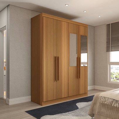 Guarda-Roupa Solteiro Mykonos 4 Portas 2 Gavetas com Espelho Cinamomo - Panorama Móveis