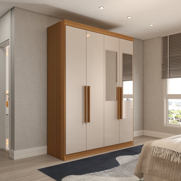 Guarda-Roupa Solteiro Mykonos 4 Portas 2 Gavetas com Espelho Cinamomo/Off White - Panorama Móveis