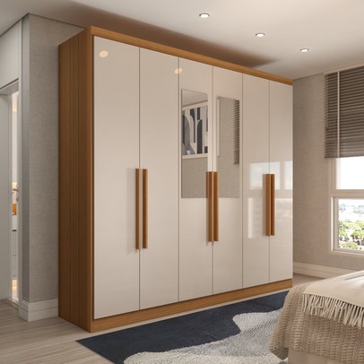 Guarda-Roupa Casal Mykonos 6 Portas 2 Gavetas com Espelho Cinamomo/Off White - Panorama Móveis