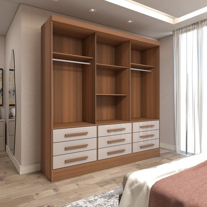 Guarda-Roupa Casal Ferrara 3 Portas 9 Gavetas com Espelho Cinamomo/Off White - Panorama Móveis