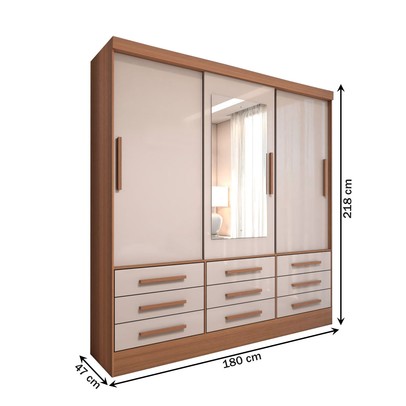 Guarda-Roupa Casal Ferrara 3 Portas 9 Gavetas com Espelho Cinamomo/Off White - Panorama Móveis