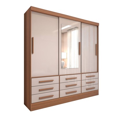 Guarda-Roupa Casal Ferrara 3 Portas 9 Gavetas com Espelho Cinamomo/Off White - Panorama Móveis