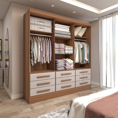 Guarda-Roupa Casal Ferrara 3 Portas 9 Gavetas com Espelho Cinamomo/Off White - Panorama Móveis