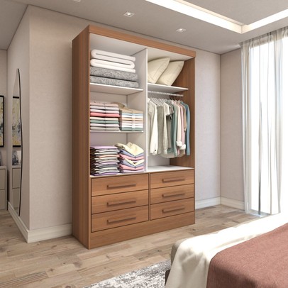 Guarda-Roupa Solteiro Guaianases 2 Portas 6 Gavetas Cinamomo/Off White Ripado - Panorama Móveis