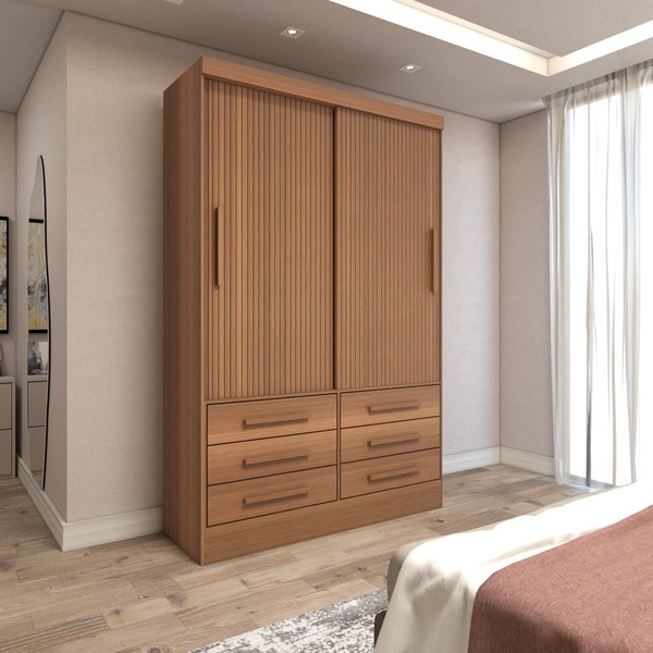 Guarda-Roupa Solteiro Guaianases 2 Portas 6 Gavetas Cinamomo/Off White Ripado - Panorama Móveis