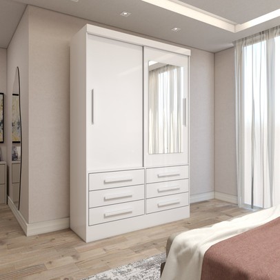 Guarda-Roupa Solteiro Guaianases 2 Portas 6 Gavetas com Espelho Branco - Panorama Móveis