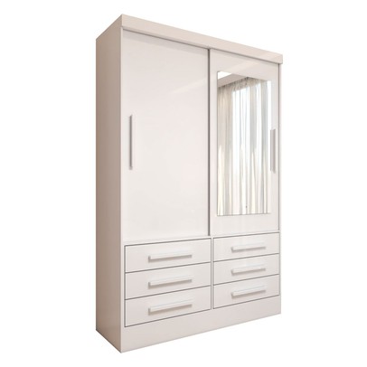 Guarda-Roupa Solteiro Guaianases 2 Portas 6 Gavetas com Espelho Branco - Panorama Móveis