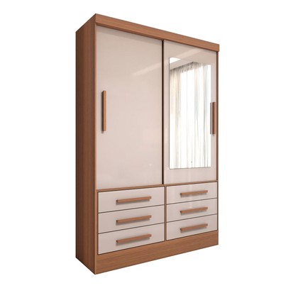 Guarda-Roupa Solteiro Guaianases 2 Portas 6 Gavetas com Espelho Cinamomo/Off White - Panorama Móveis