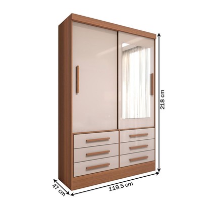 Guarda-Roupa Solteiro Guaianases 2 Portas 6 Gavetas com Espelho Cinamomo/Off White - Panorama Móveis