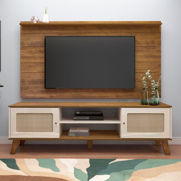 Rack com Painel para TV Até 60 Polegadas Charlotte 2 Portas Pinho/Off White - Panorama Móveis