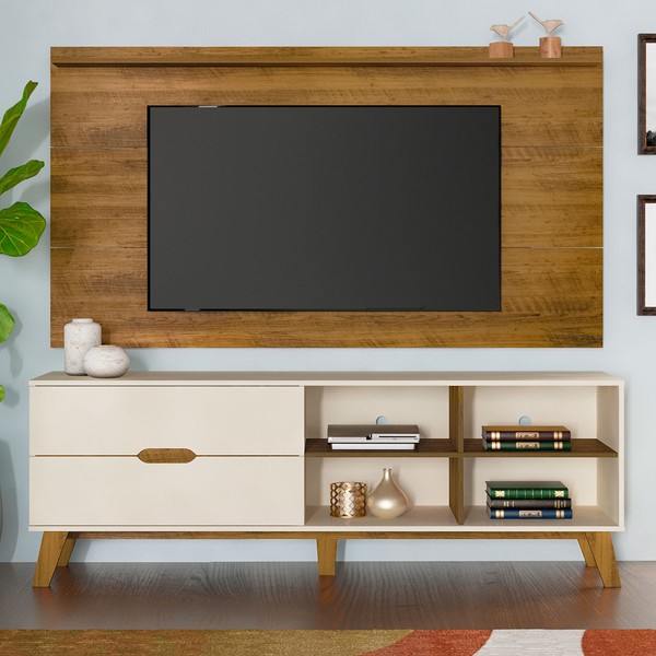 Rack com Painel para TV Até 60 Polegadas Verona 2 Gavetas Off White/Pinho - Panorama Móveis