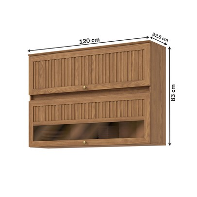 Armário Aéreo Cozinha 120 Cm Requinte 2 Portas Ripado com Vidro Nature - Henn