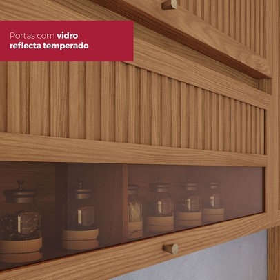 Armário Aéreo Cozinha 120 Cm Requinte 2 Portas Ripado com Vidro Nature - Henn