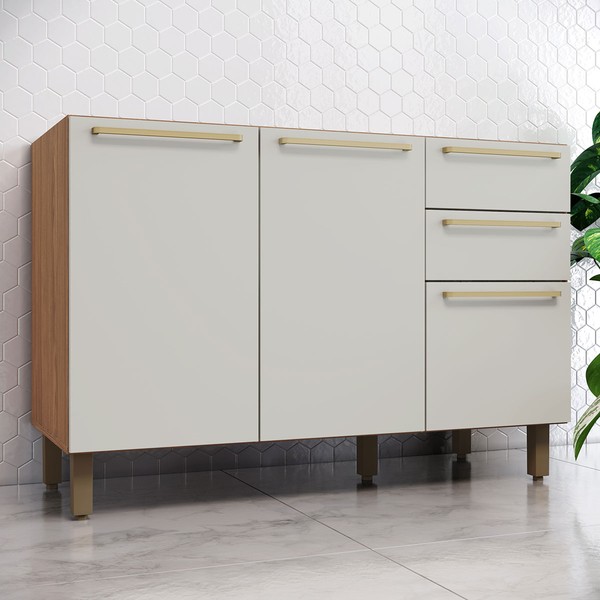 Balcão de Cozinha para Pia 120 Cm Requinte 3 Portas 2 Gavetas Nature/Areia Hp - Henn