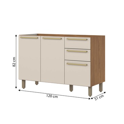 Balcão de Cozinha para Pia 120 Cm Requinte 3 Portas 2 Gavetas Nature/Areia Hp - Henn