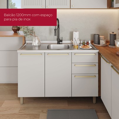 Balcão de Cozinha para Pia 120 Cm Requinte 3 Portas 2 Gavetas Nature/Areia Hp - Henn