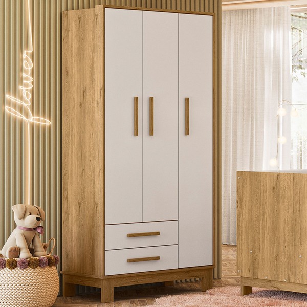 Guarda-Roupa Infantil Q Encanto 3 Portas 2 Gavetas Freijó/ Branco Acetinado - Qmovi