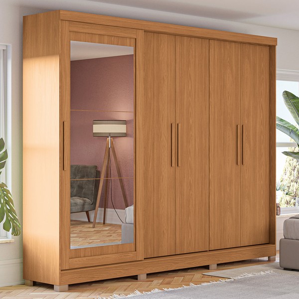 Guarda-Roupa Casal 5 Portas 4 Gavetas com Espelho Canela - Kappesberg